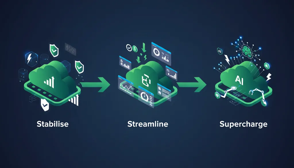 Torque Flow Overview - Complete operations journey showing Stabilise, Streamline, and Supercharge phases